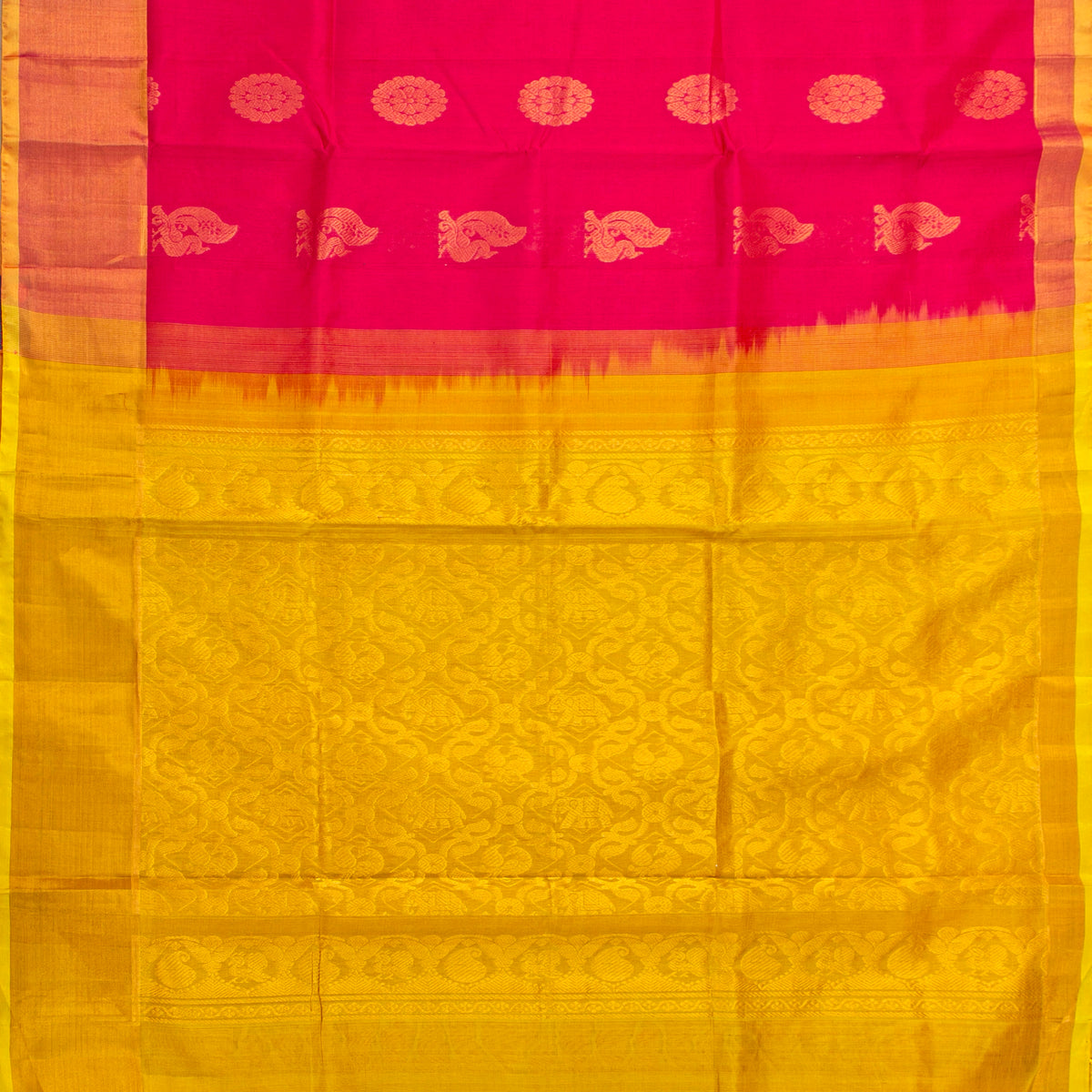 Pink And Yellow Kanchi Silk Cotton Saree For Festive Wear VP SC 184