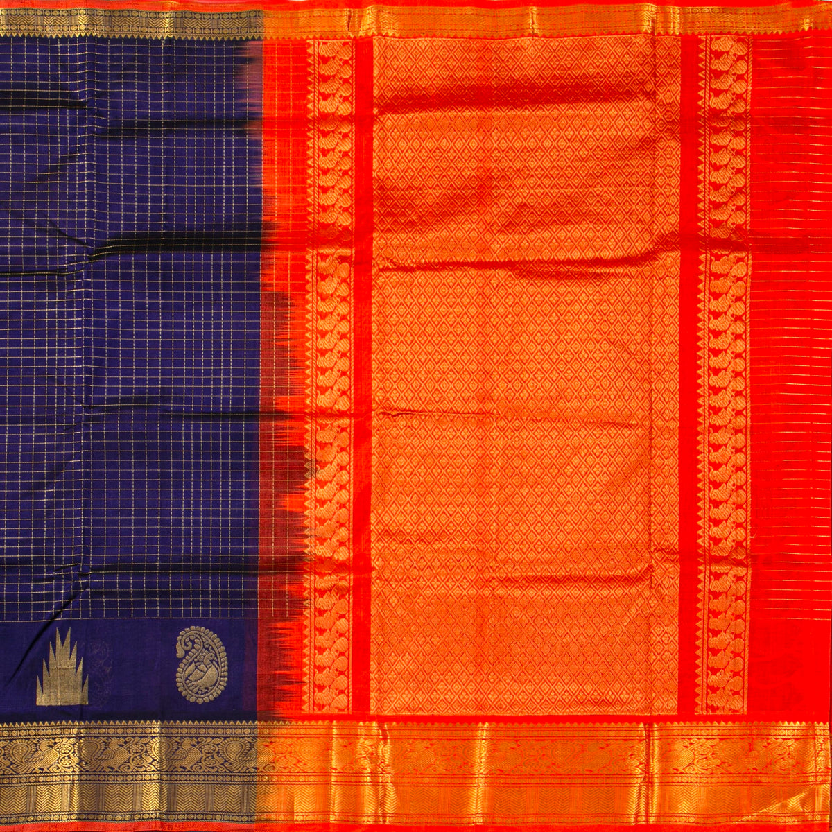 Blue And Orange Kanchi Silk Cotton Saree For Festive Wear VP SC 219