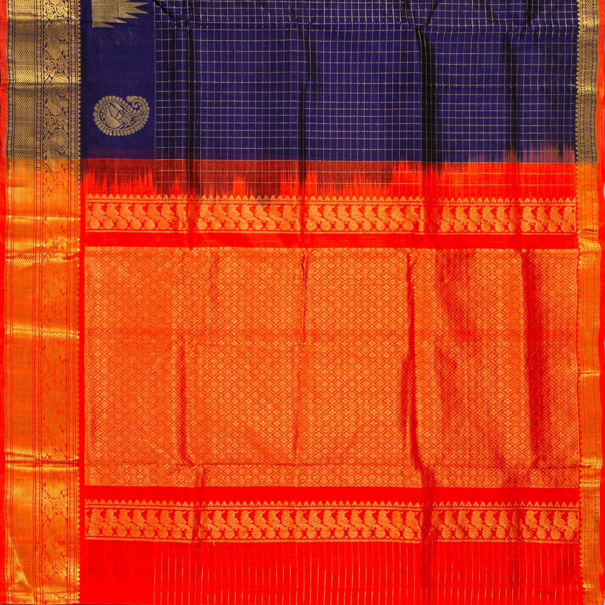 Blue And Orange Kanchi Silk Cotton Saree For Festive Wear VP SC 219