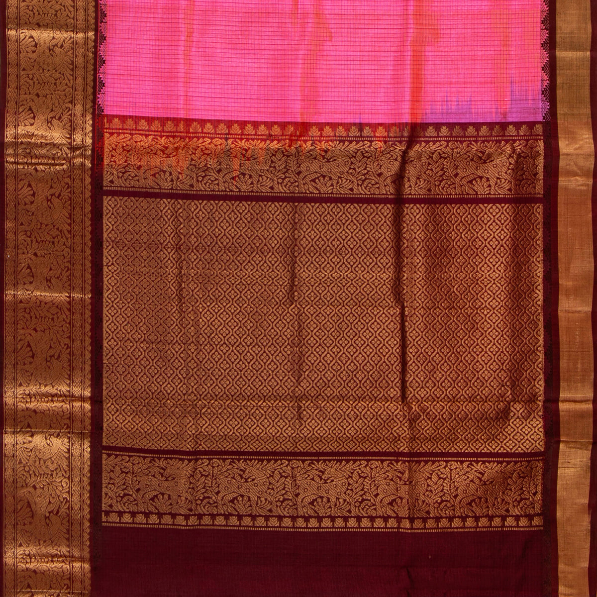 Pink And Brown Kanchi Silk Cotton Saree For Festive Wear VP SC 233