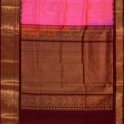 Pink And Brown Kanchi Silk Cotton Saree For Festive Wear VP SC 233