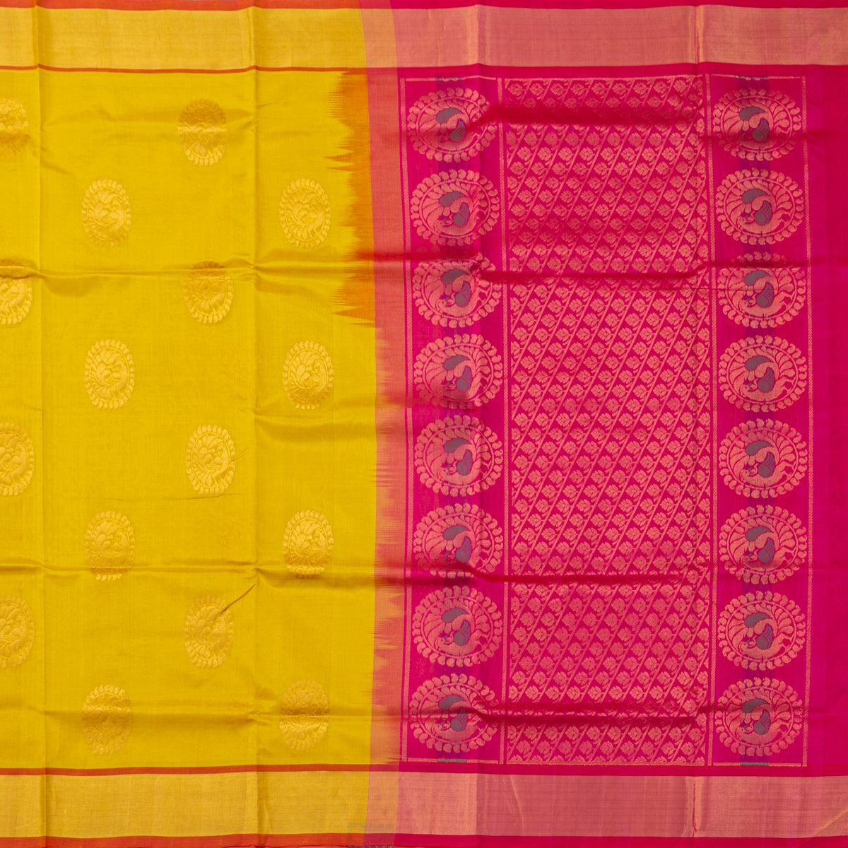 Yellow And Pink Kanchi Silk Cotton Saree For Festive Wear VP SC 261