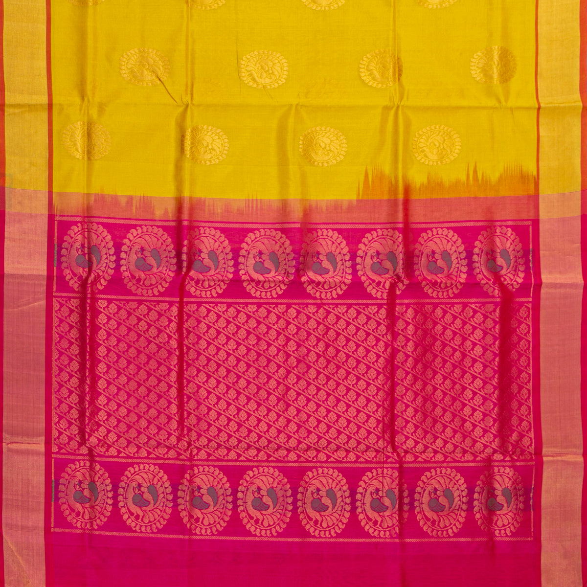 Yellow And Pink Kanchi Silk Cotton Saree For Festive Wear VP SC 261