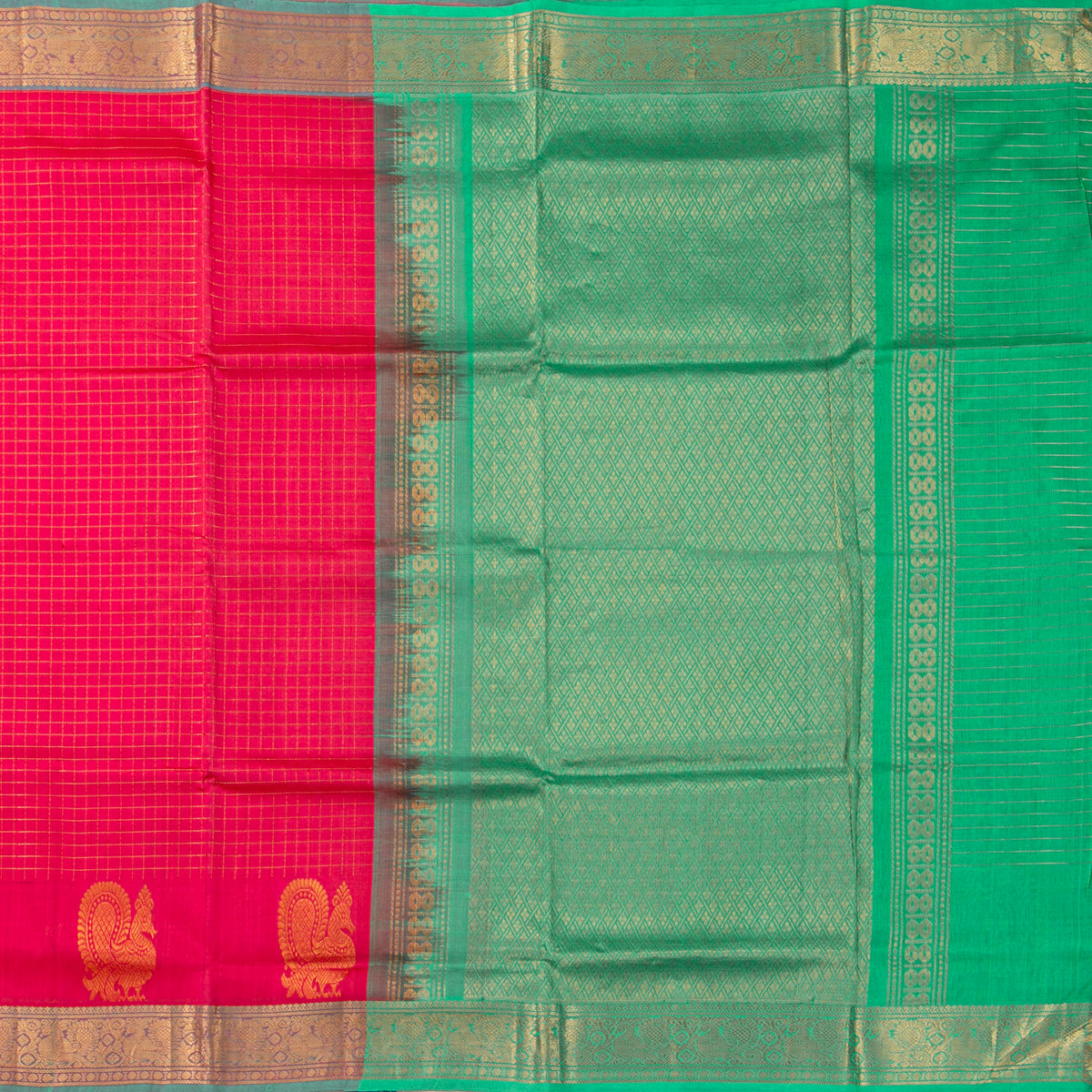 Pink And Sea Green Kanchi Silk Cotton Saree For Festive Wear VP SC 218