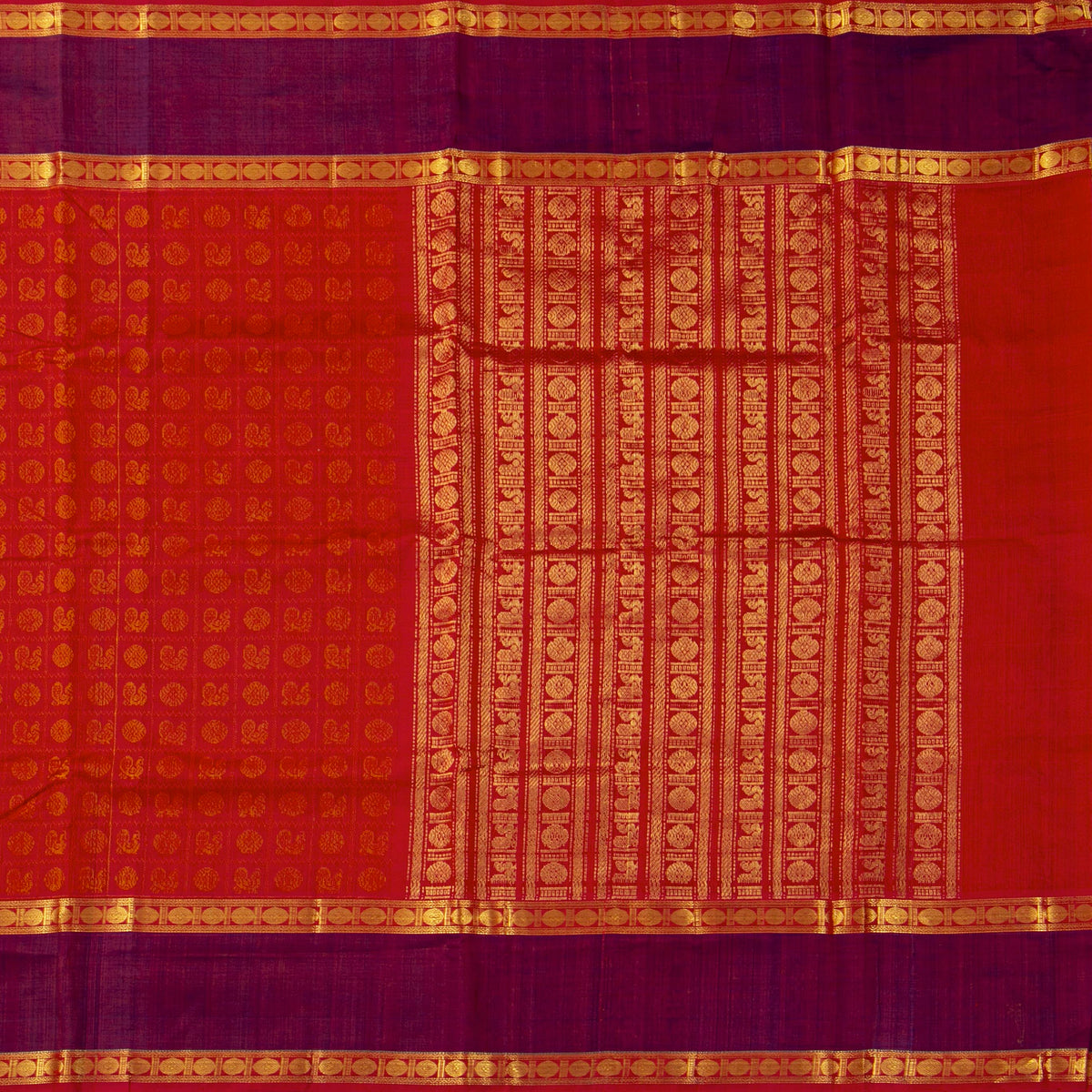 Red And Magenta Kanchi Silk Cotton Saree For Festive Wear VP SC 192