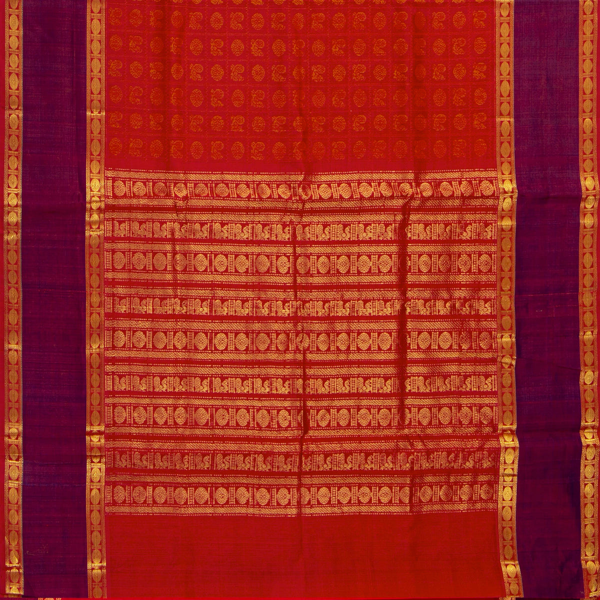 Red And Magenta Kanchi Silk Cotton Saree For Festive Wear VP SC 192
