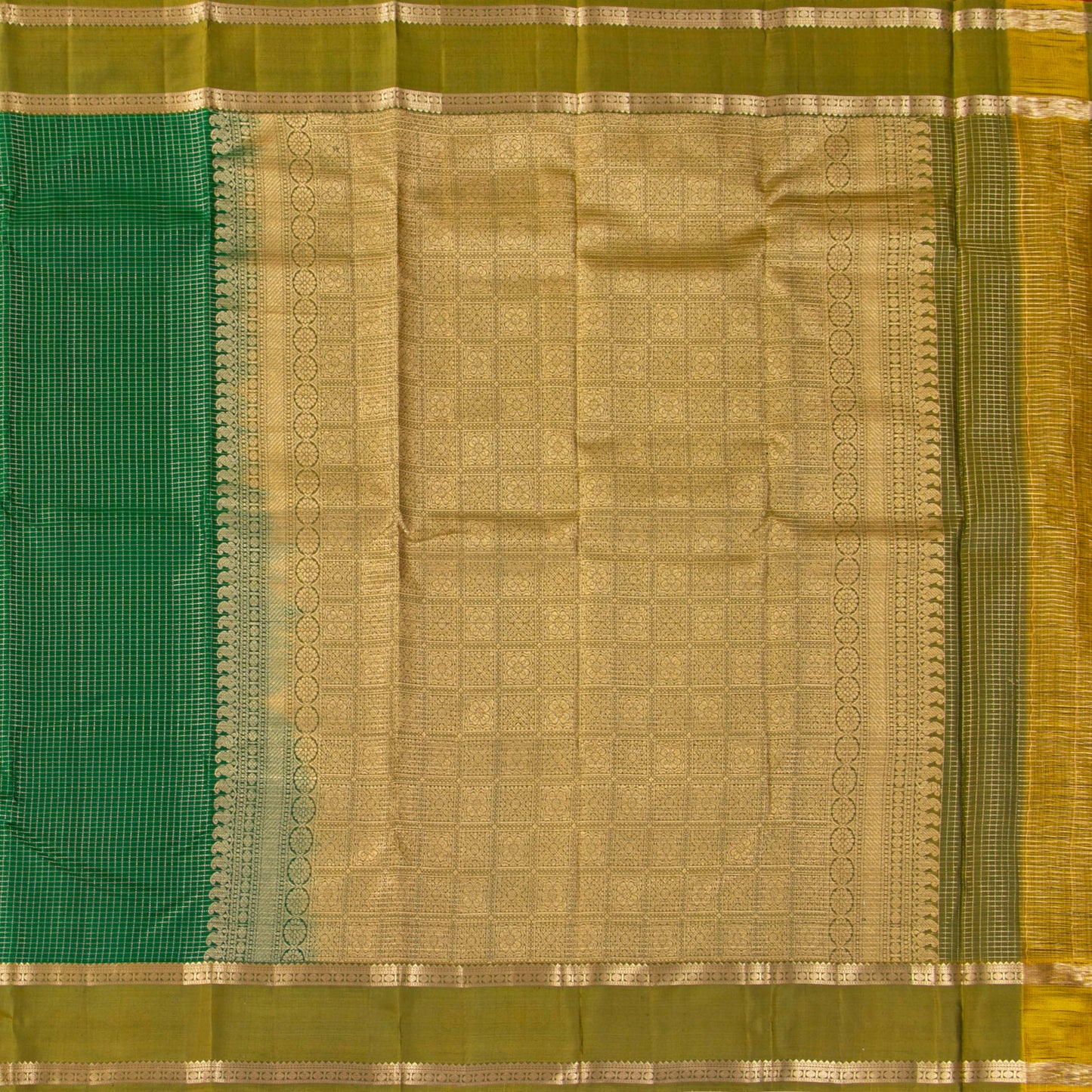 Green And Mustard Kanchipuram Soft Silk Saree For Festive Wear PV RSP 197
