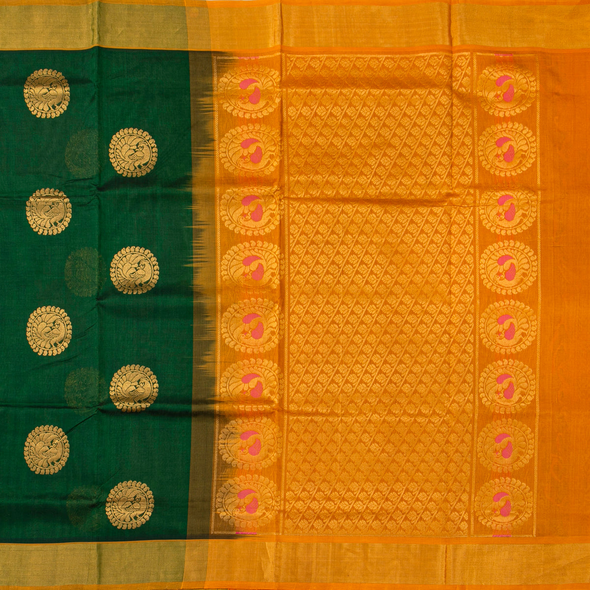 Green And Orange Kanchi Silk Cotton Saree For Festive Wear VP SC 266