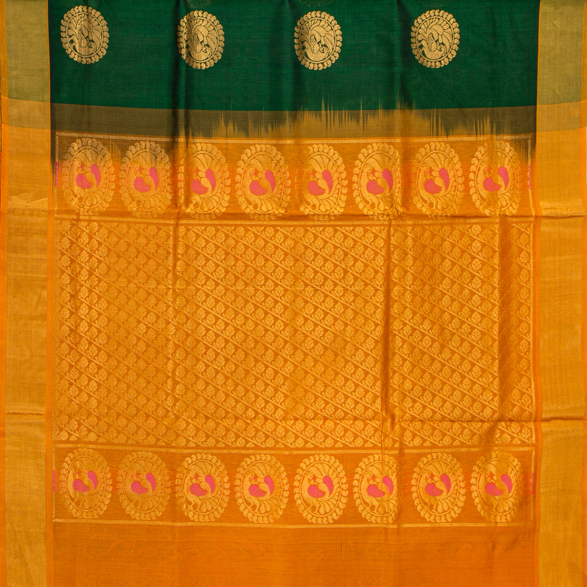 Green And Orange Kanchi Silk Cotton Saree For Festive Wear VP SC 266