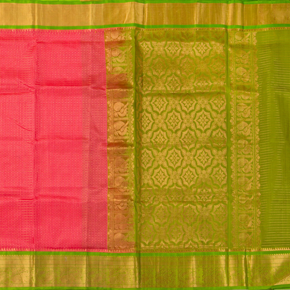 Peach And Green Kanchi Silk Cotton Saree For Festive Wear VP SC 180