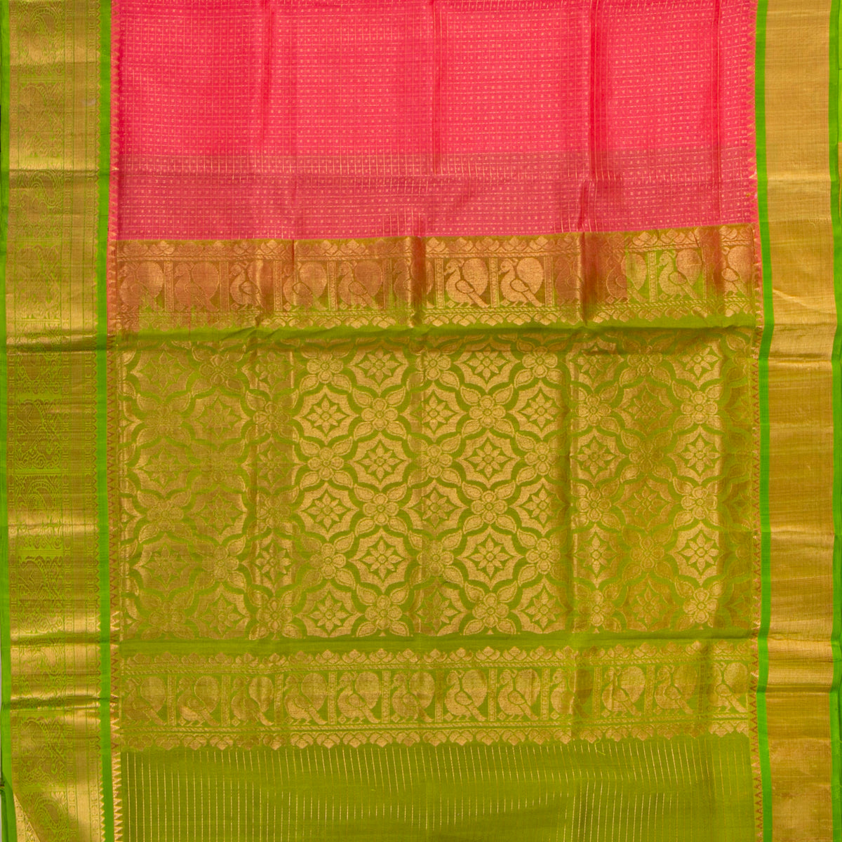 Peach And Green Kanchi Silk Cotton Saree For Festive Wear VP SC 180
