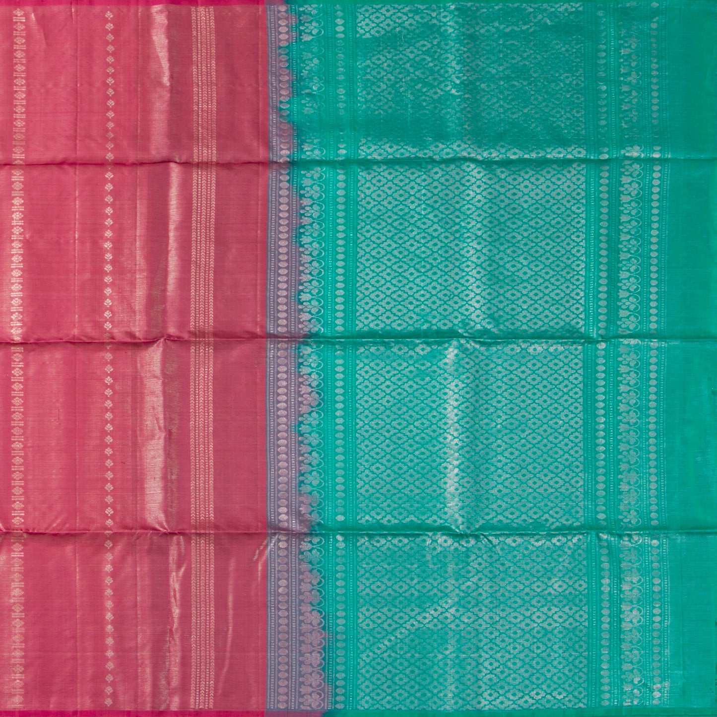 Pink And Sea Green Borderless Kanchipuram Soft Silk Saree For Festive Wear PV RSP 163