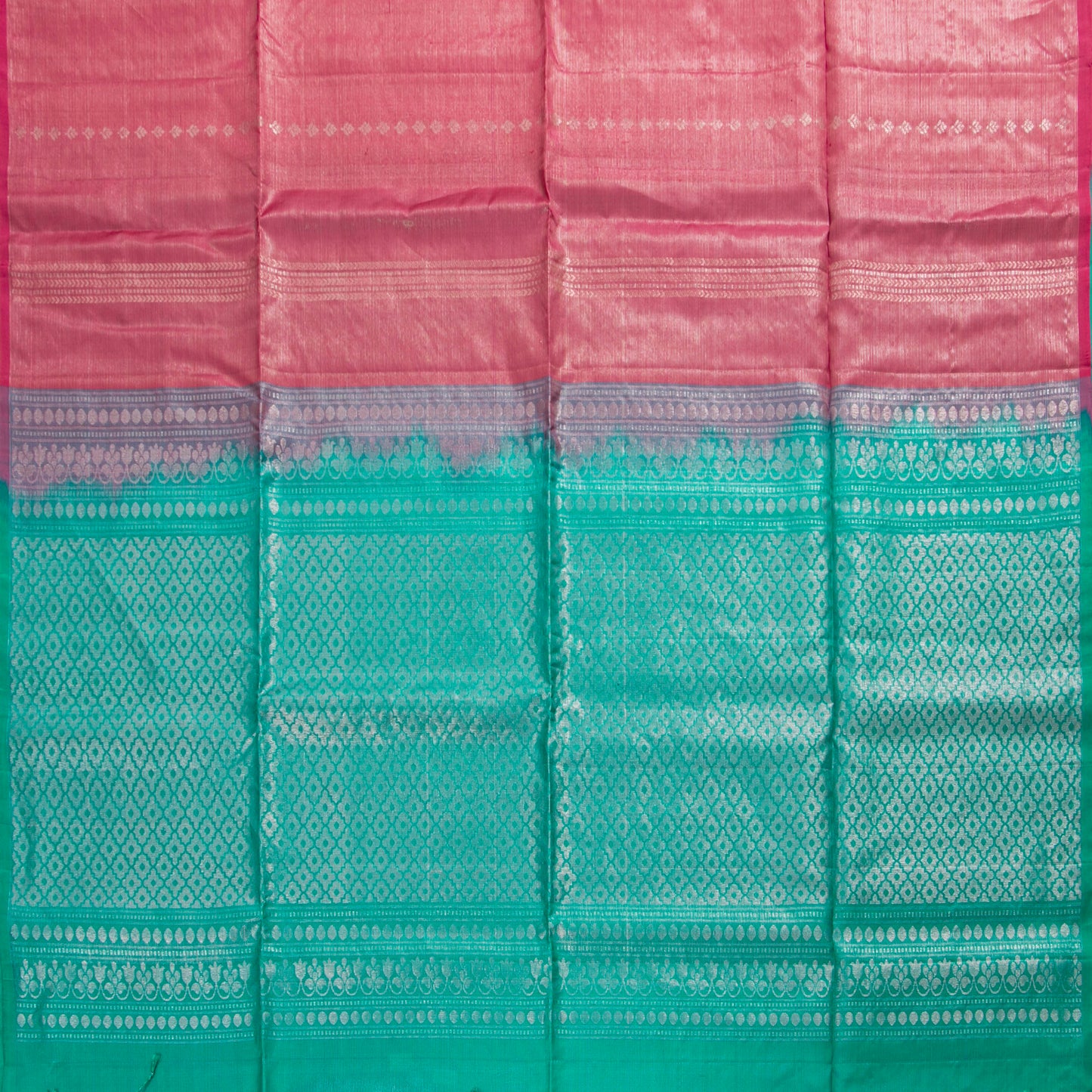 Pink And Sea Green Borderless Kanchipuram Soft Silk Saree For Festive Wear PV RSP 163