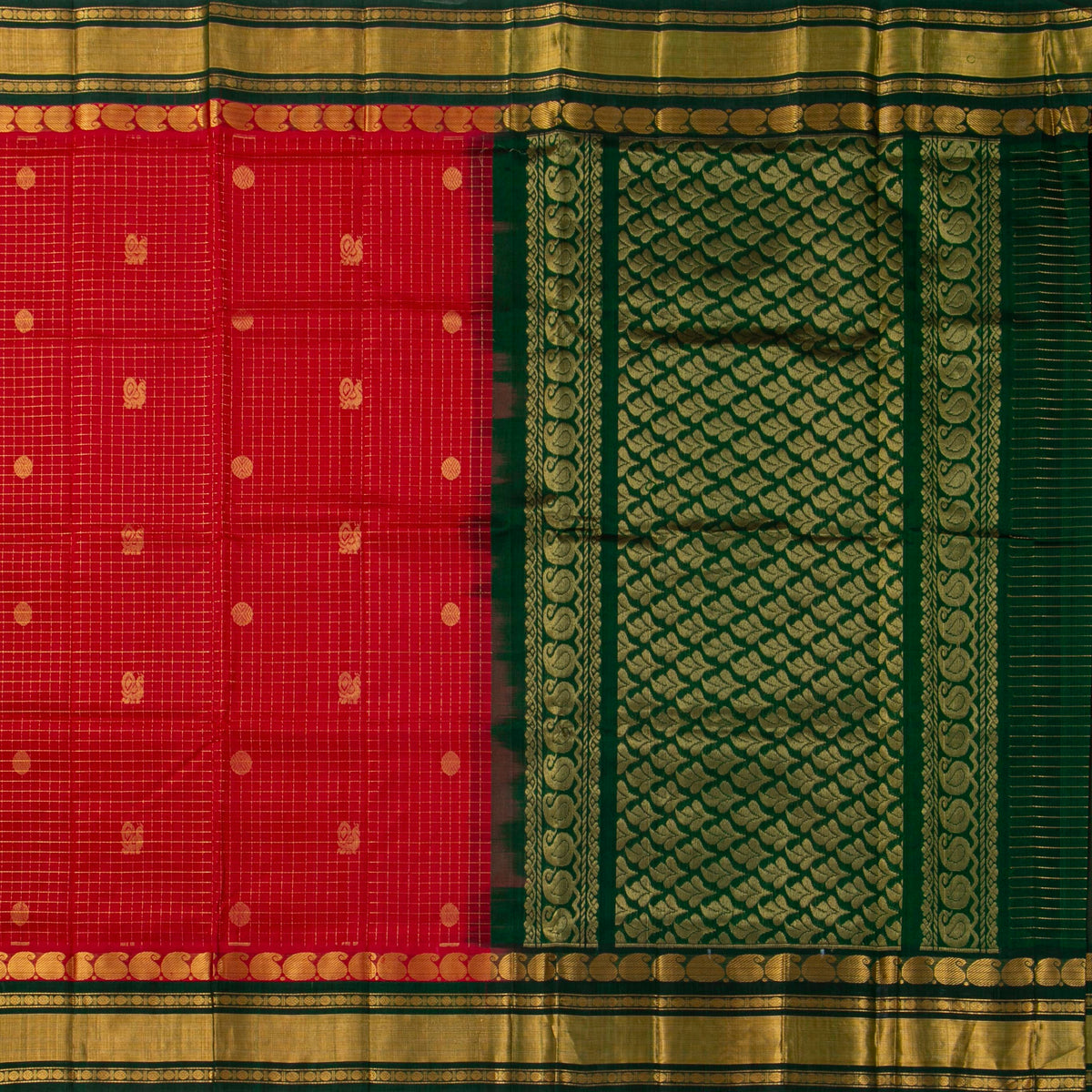 Red And Green Kanchi Silk Cotton Saree For Festive Wear VP SC 186