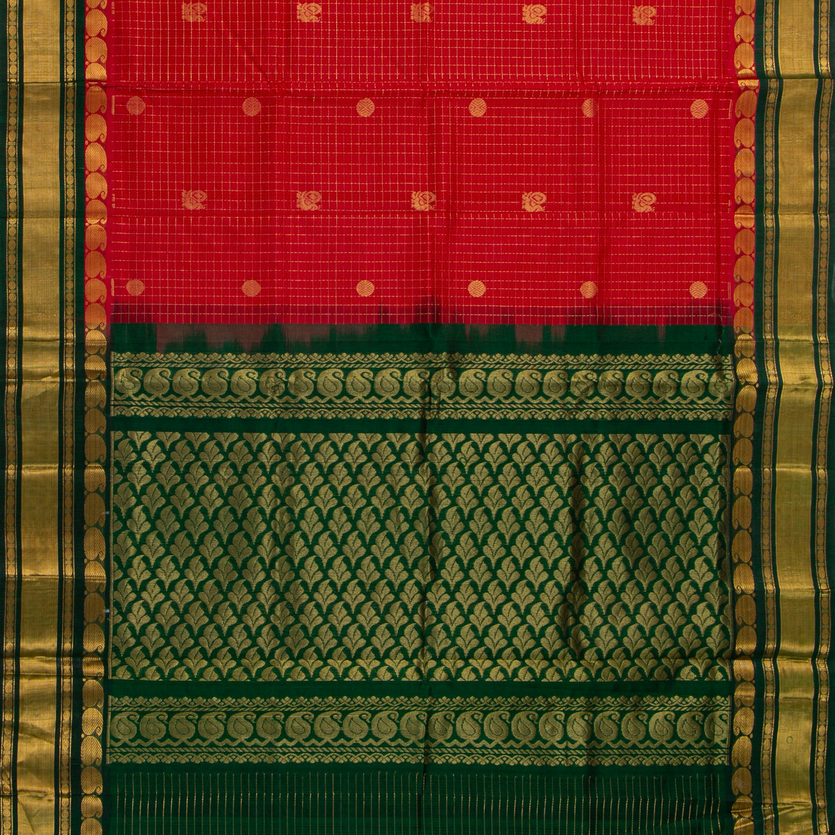 Red And Green Kanchi Silk Cotton Saree For Festive Wear VP SC 186