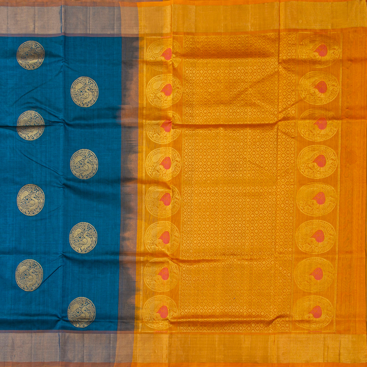 Blue And Mustard Kanchi Silk Cotton Saree For Festive Wear VP SC 262