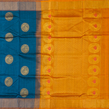 Blue And Mustard Kanchi Silk Cotton Saree For Festive Wear VP SC 262
