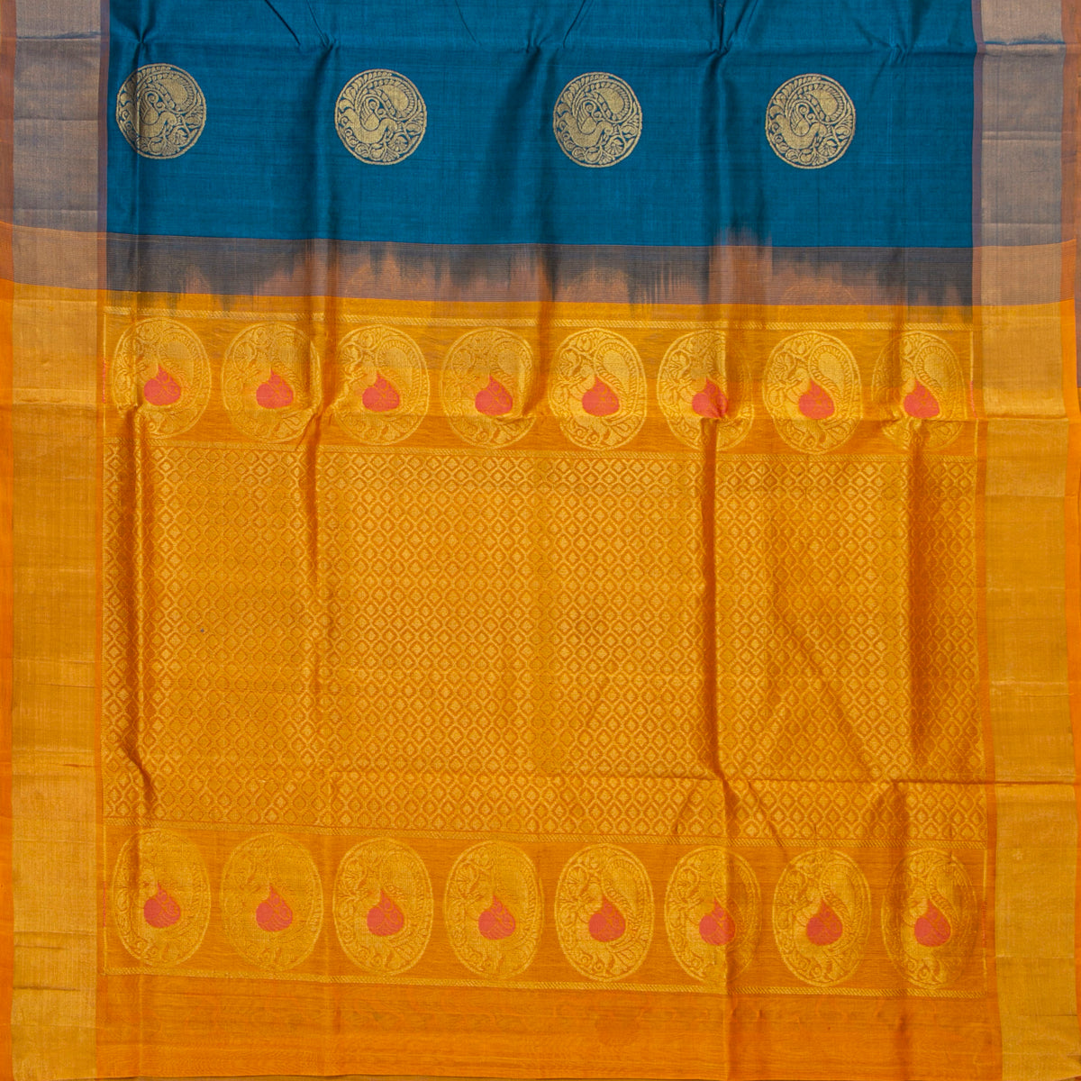Blue And Mustard Kanchi Silk Cotton Saree For Festive Wear VP SC 262