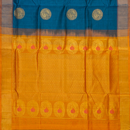 Blue And Mustard Kanchi Silk Cotton Saree For Festive Wear VP SC 262
