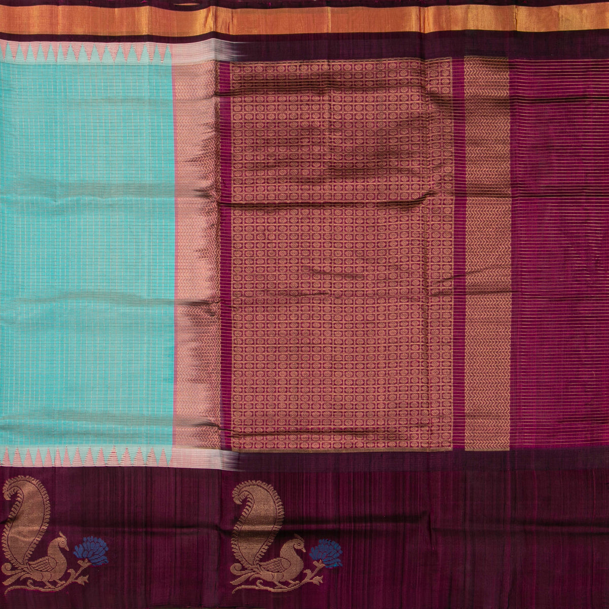 Blue And Wine Kanchi Silk Cotton Saree For Festive Wear VP SC 297