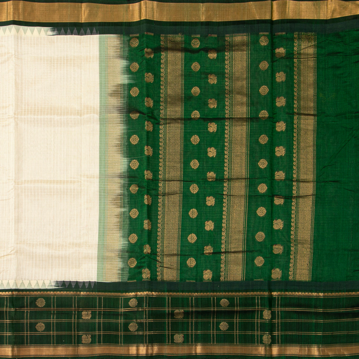 Off White And Green Kanchi Silk Cotton Saree For Festive Wear VP SC 249