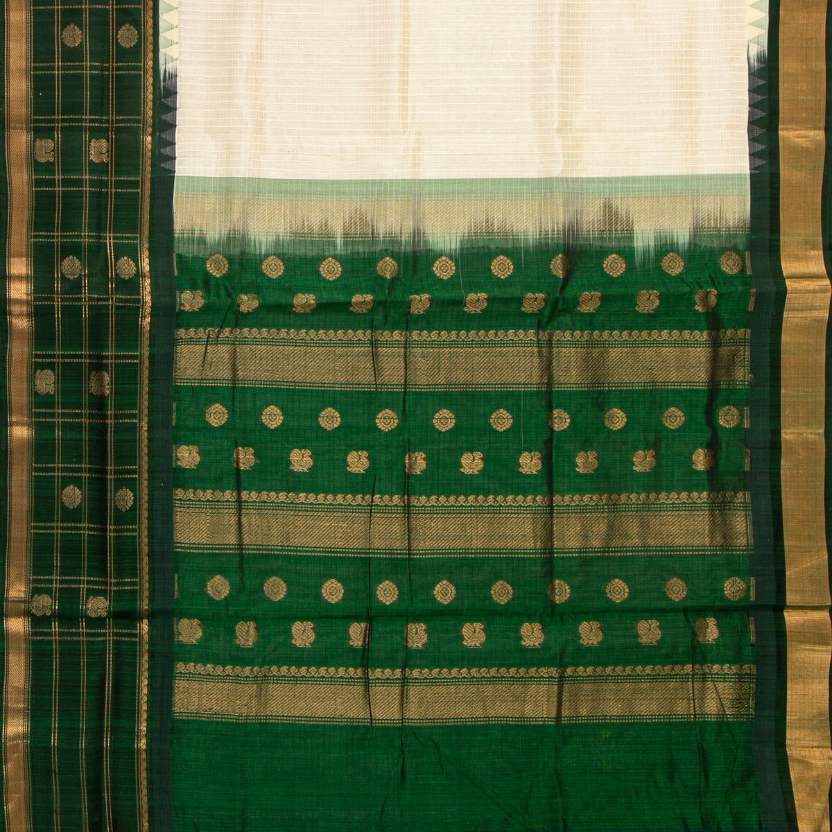 Off White And Green Kanchi Silk Cotton Saree For Festive Wear VP SC 249