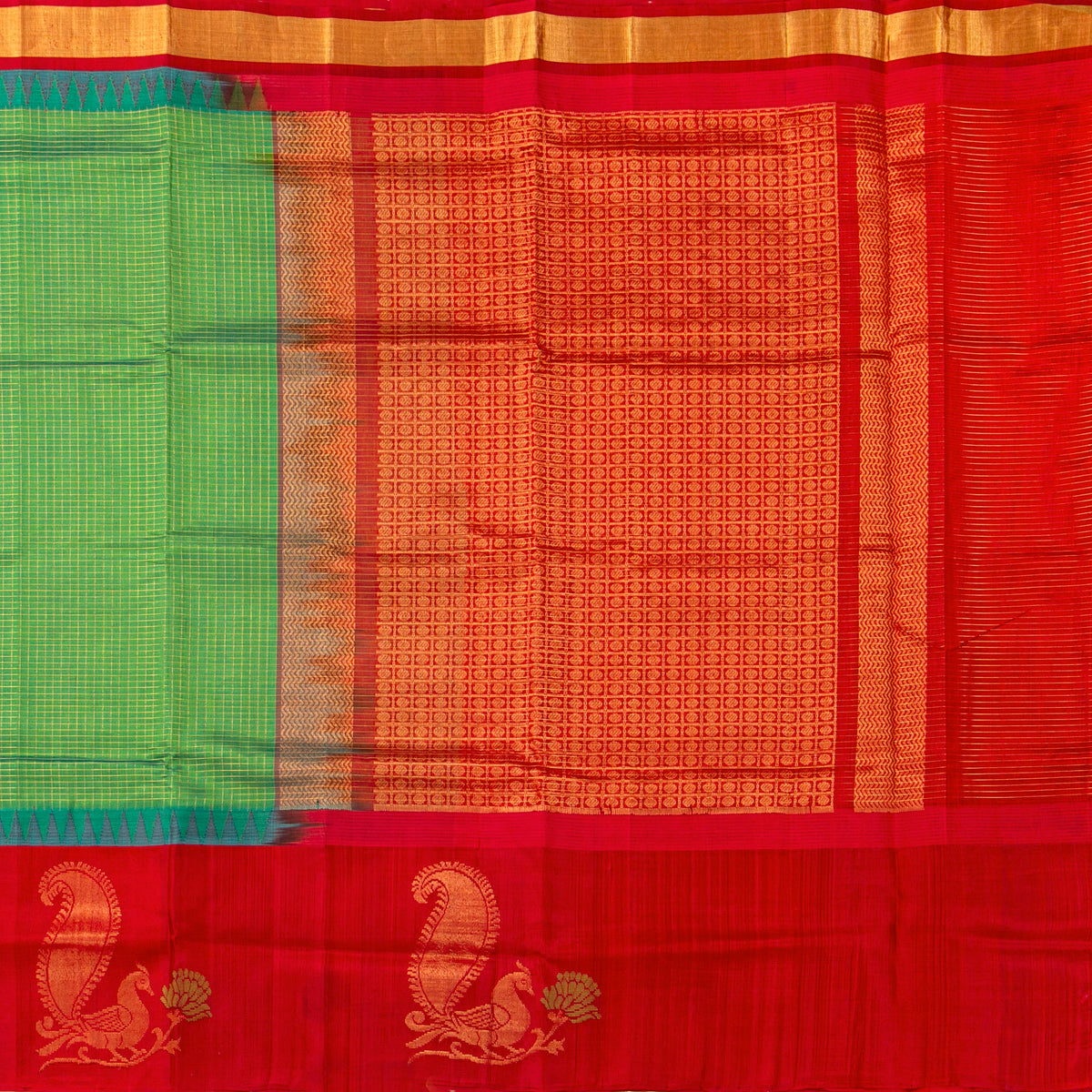 Green And Red Kanchi Silk Cotton Saree For Festive Wear VP SC 295