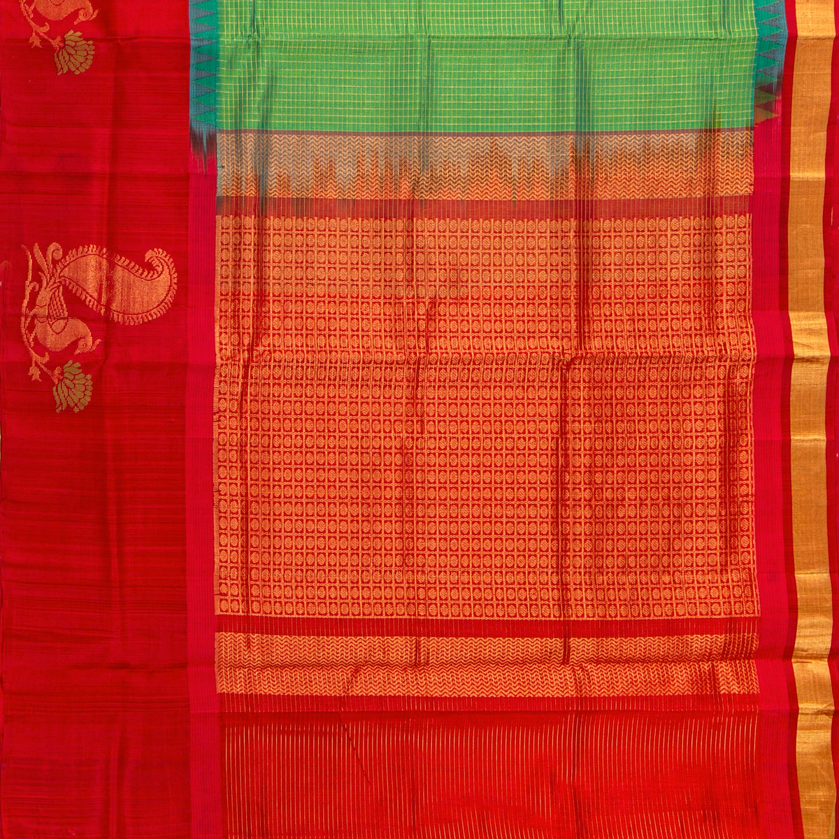 Green And Red Kanchi Silk Cotton Saree For Festive Wear VP SC 295