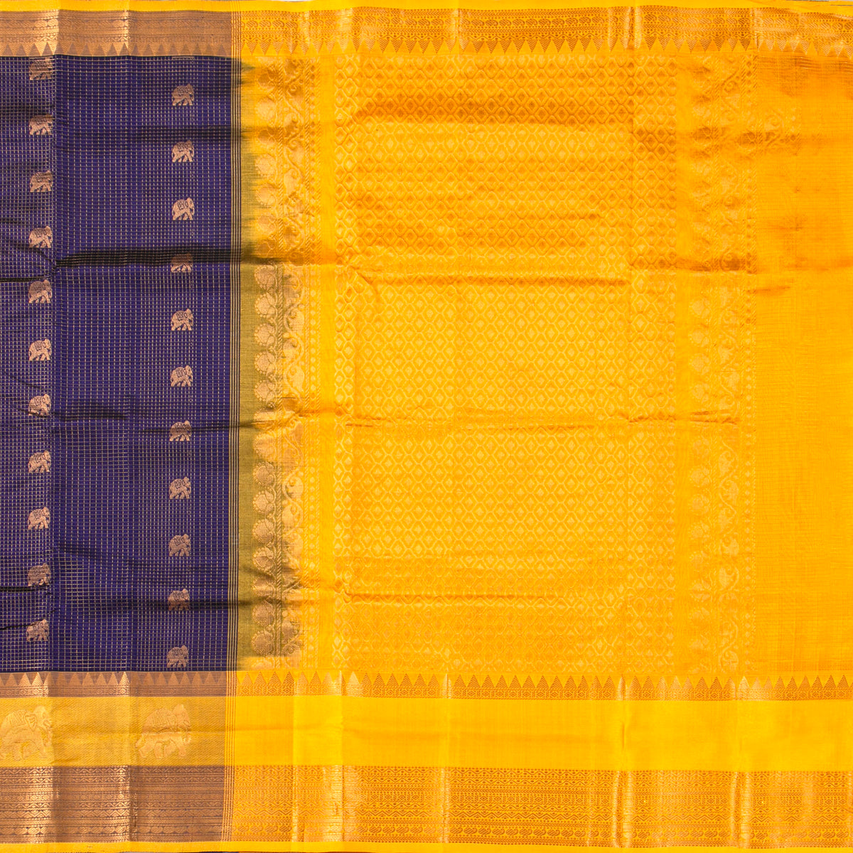 Blue And Yellow Kanchi Silk Cotton Saree For Festive Wear VP SC 294