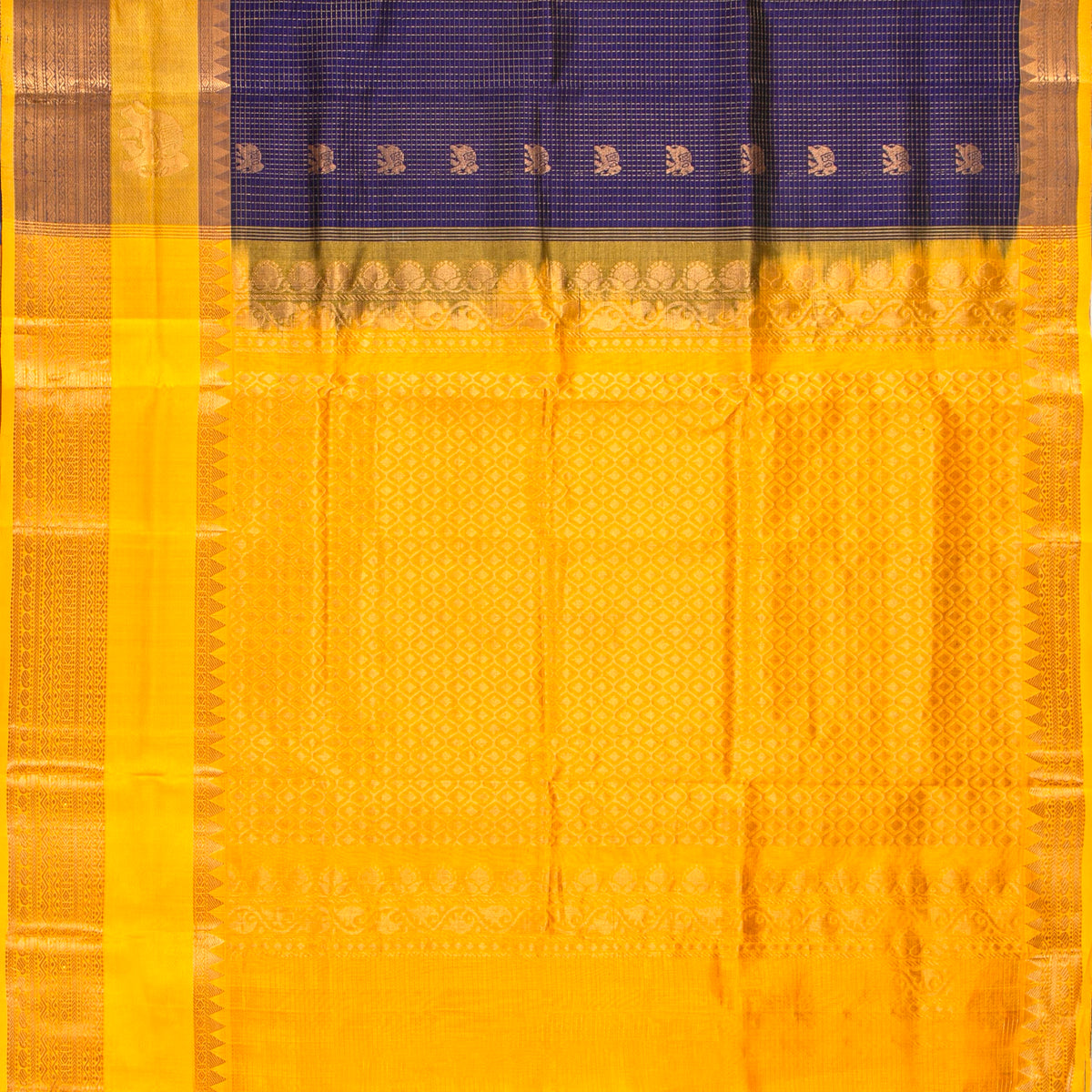 Blue And Yellow Kanchi Silk Cotton Saree For Festive Wear VP SC 294