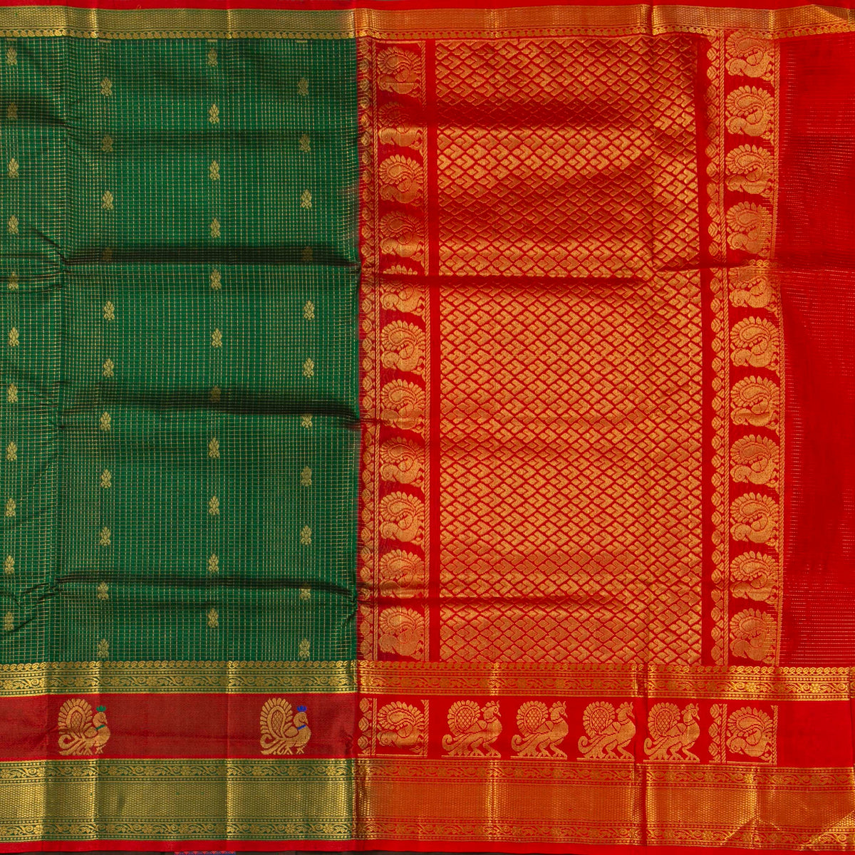 Green And Red Kanchi Silk Cotton Saree For Festive Wear VP SC 293