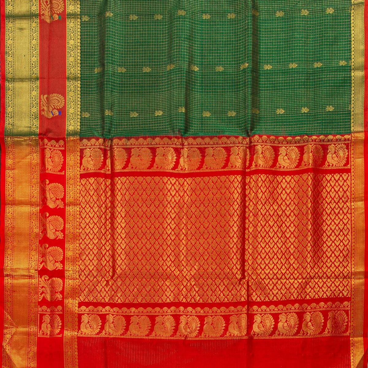 Green And Red Kanchi Silk Cotton Saree For Festive Wear VP SC 293