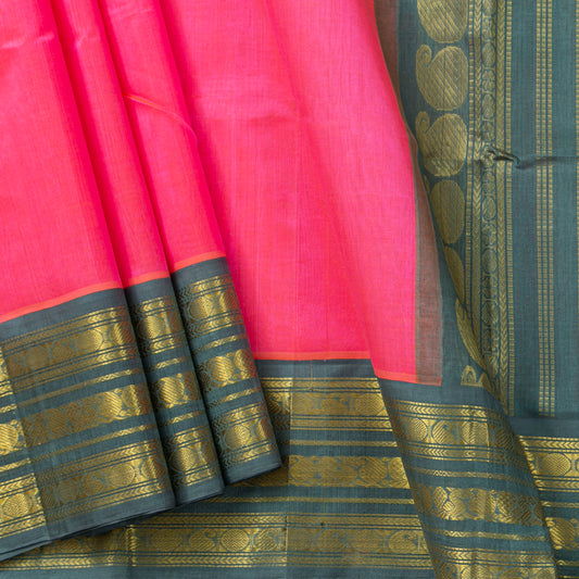 Pink And Grey Kanchi Silk Cotton Saree For Festive Wear VP SC 227