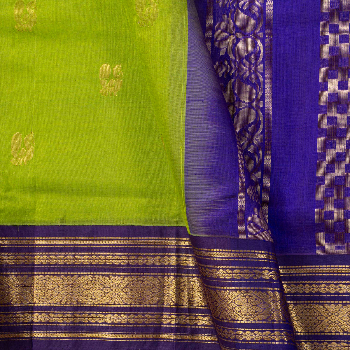 Green And Violet Kanchi Silk Cotton Saree For Festive Wear VP SC 228