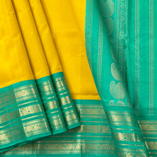 Yellow And Sea Green Kanchi Silk Cotton Saree For Festive Wear VP SC 226