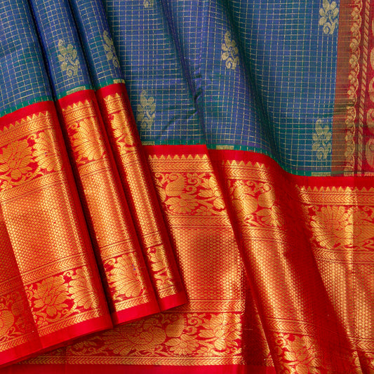 Mayilkazhuthu Blue And Red Kanchi Silk Cotton Saree For Festive Wear VP SC 245