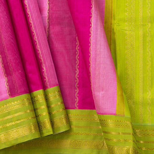 Pink And Green Kanchi Silk Cotton Saree For Festive Wear VP SC 243