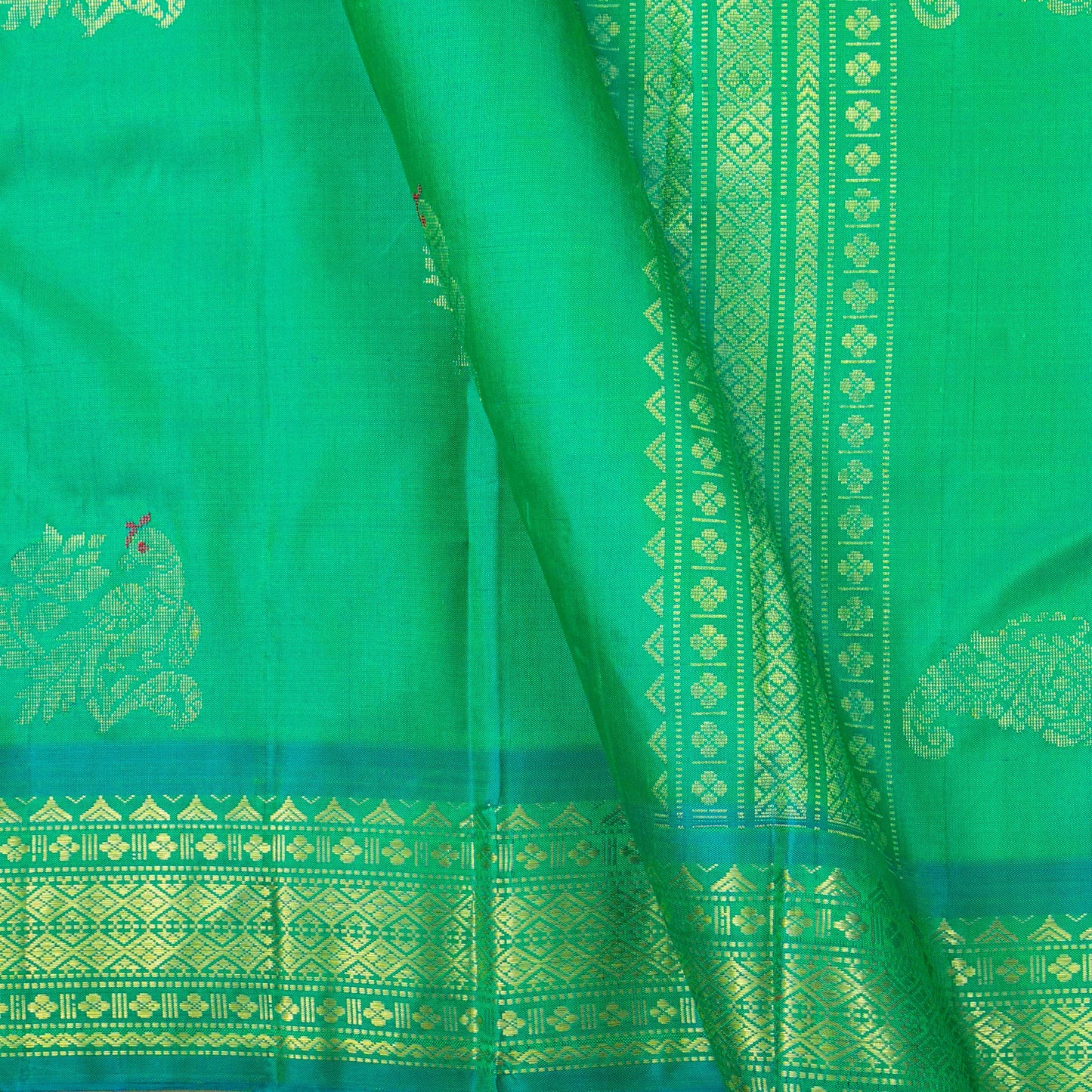 Green And Turquoise Kanchipuram Silk Saree With Meenakari Zari Buttas For Festive Wear PV NYC 1780