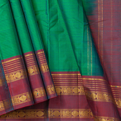 Green And Maroon Kanchipuram Silk Saree With Self Stripes For Festive Wear PV NYC 1817