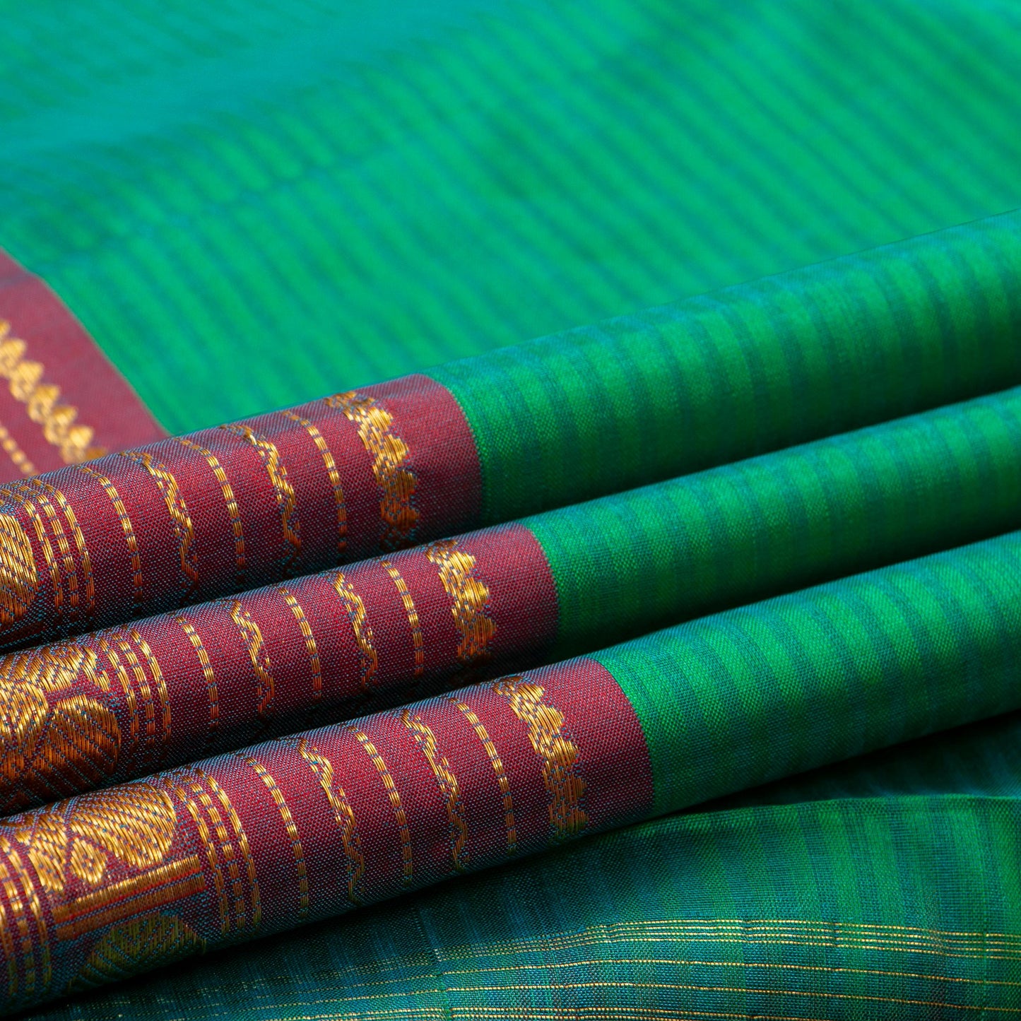 Green And Maroon Kanchipuram Silk Saree With Self Stripes For Festive Wear PV NYC 1817