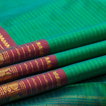 Green And Maroon Kanchipuram Silk Saree With Self Stripes For Festive Wear PV NYC 1817