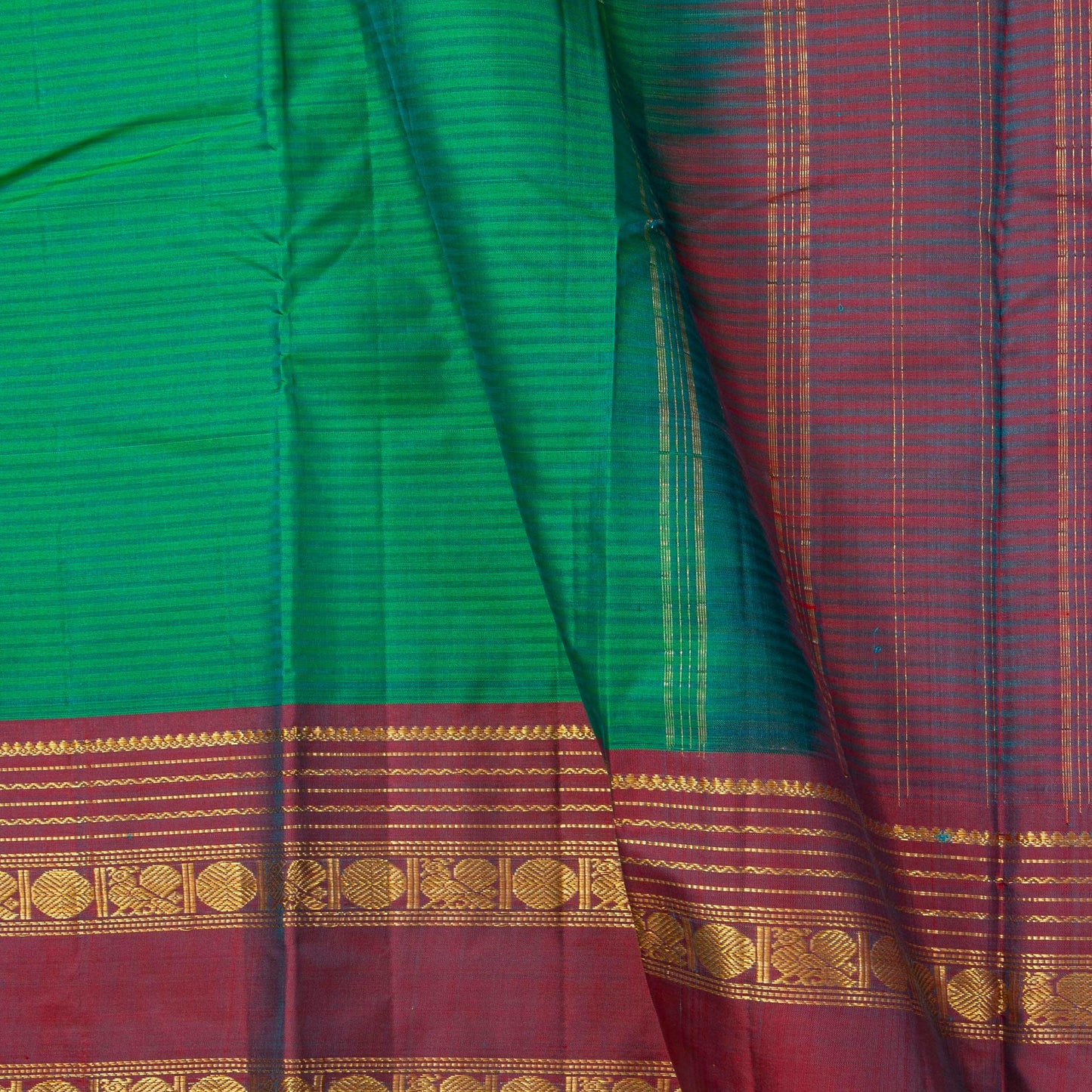 Green And Maroon Kanchipuram Silk Saree With Self Stripes For Festive Wear PV NYC 1817