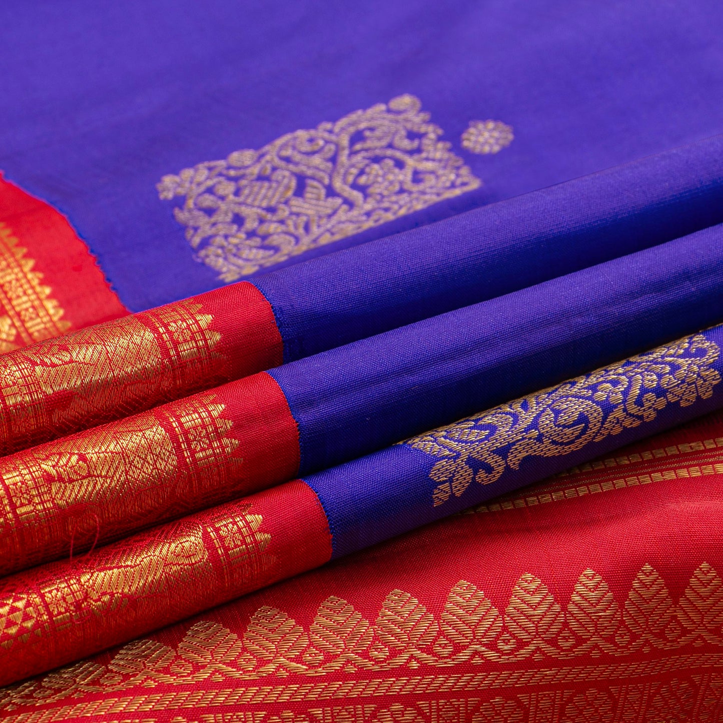Blue And Red Kanchipuram Silk Saree For Festive Wear PV NYC 1846