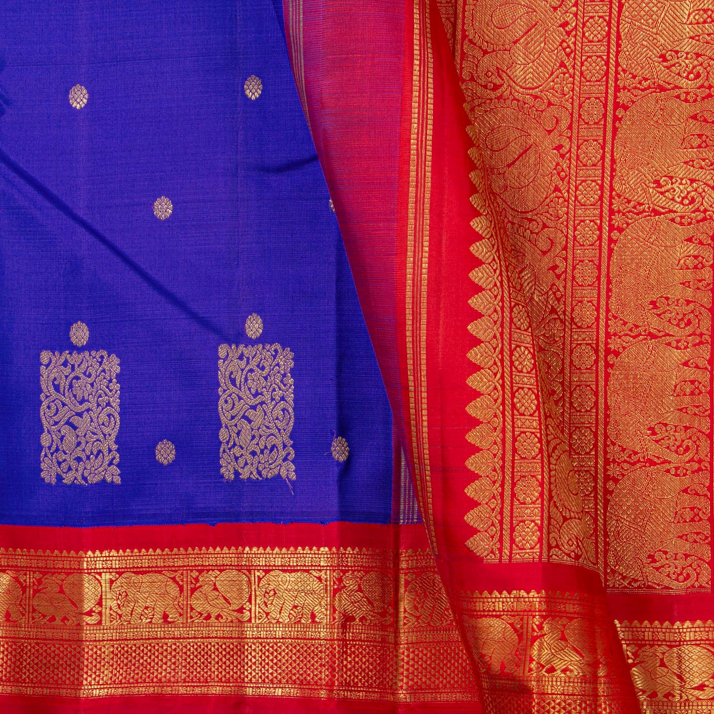 Blue And Red Kanchipuram Silk Saree For Festive Wear PV NYC 1846