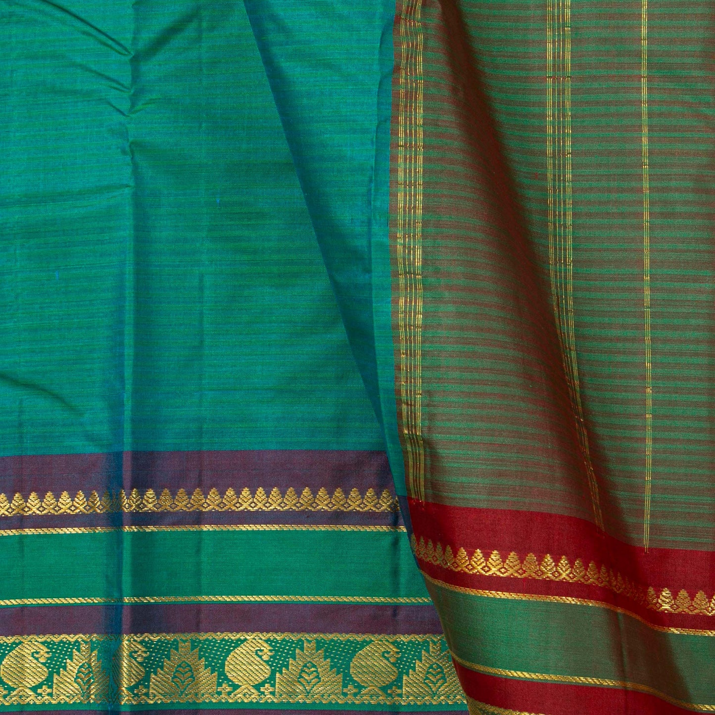Teal And Red Kanchipuram SIlk Saree For Festive Wear PV NYC 1813