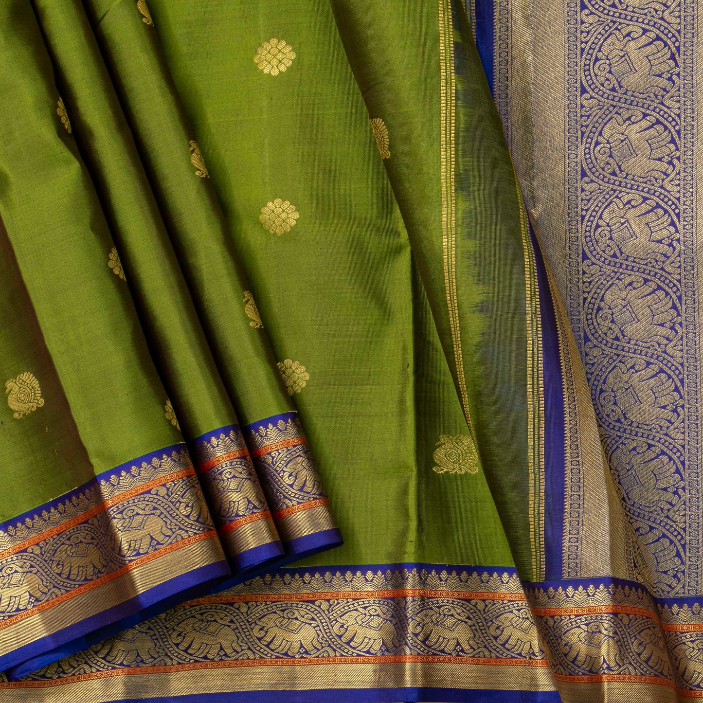 Olive Green And Royal Blue Kanchipuram Silk Saree For Festive Wear PV NYC 1815