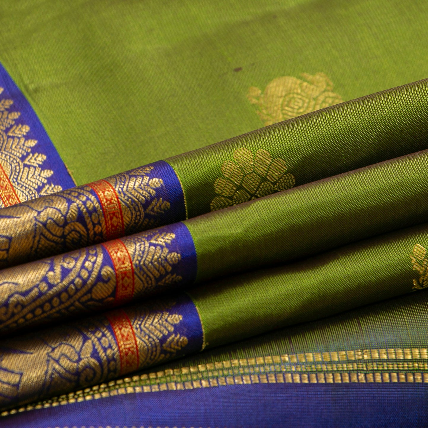 Olive Green And Royal Blue Kanchipuram Silk Saree For Festive Wear PV NYC 1815