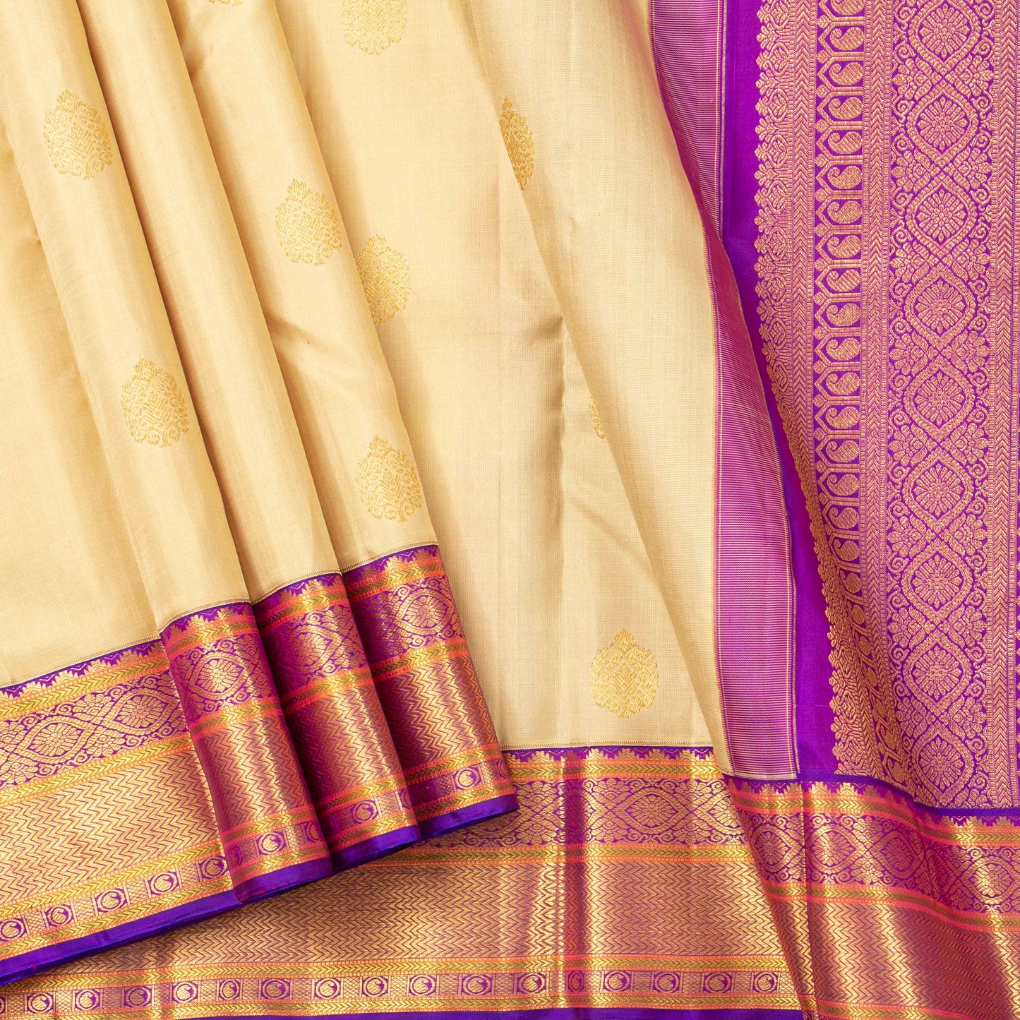 Beige And Purple Kanchipuram Silk Saree For Wedding Wear PV NYC 1924