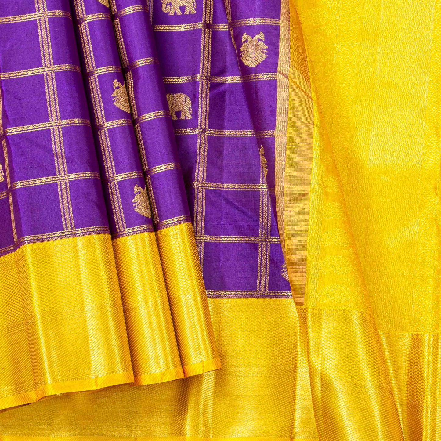 Violet And Yellow Kanchipuram Silk Saree With Zari Checks For Bridal Wear PV NYC 1762