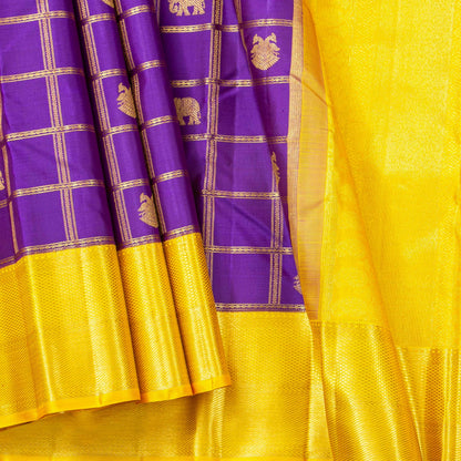 Violet And Yellow Kanchipuram Silk Saree With Zari Checks For Bridal Wear PV NYC 1762